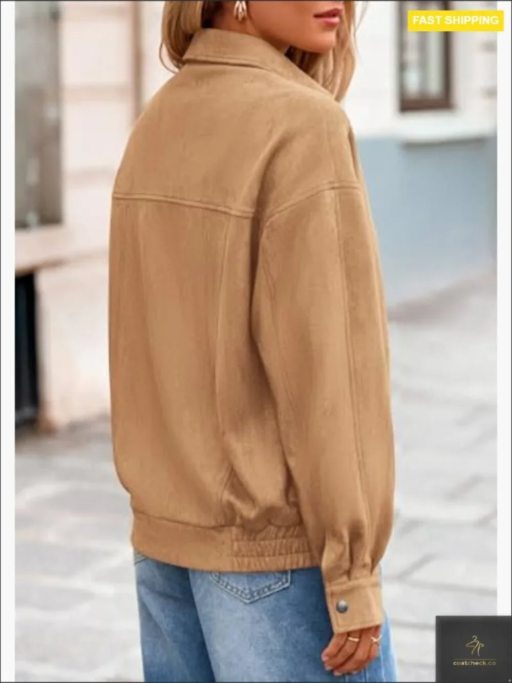 Faux Suede Bomber Jacket Oversized Relaxed Fit Zip Up Casual Outerwear - Picture 6 of 7